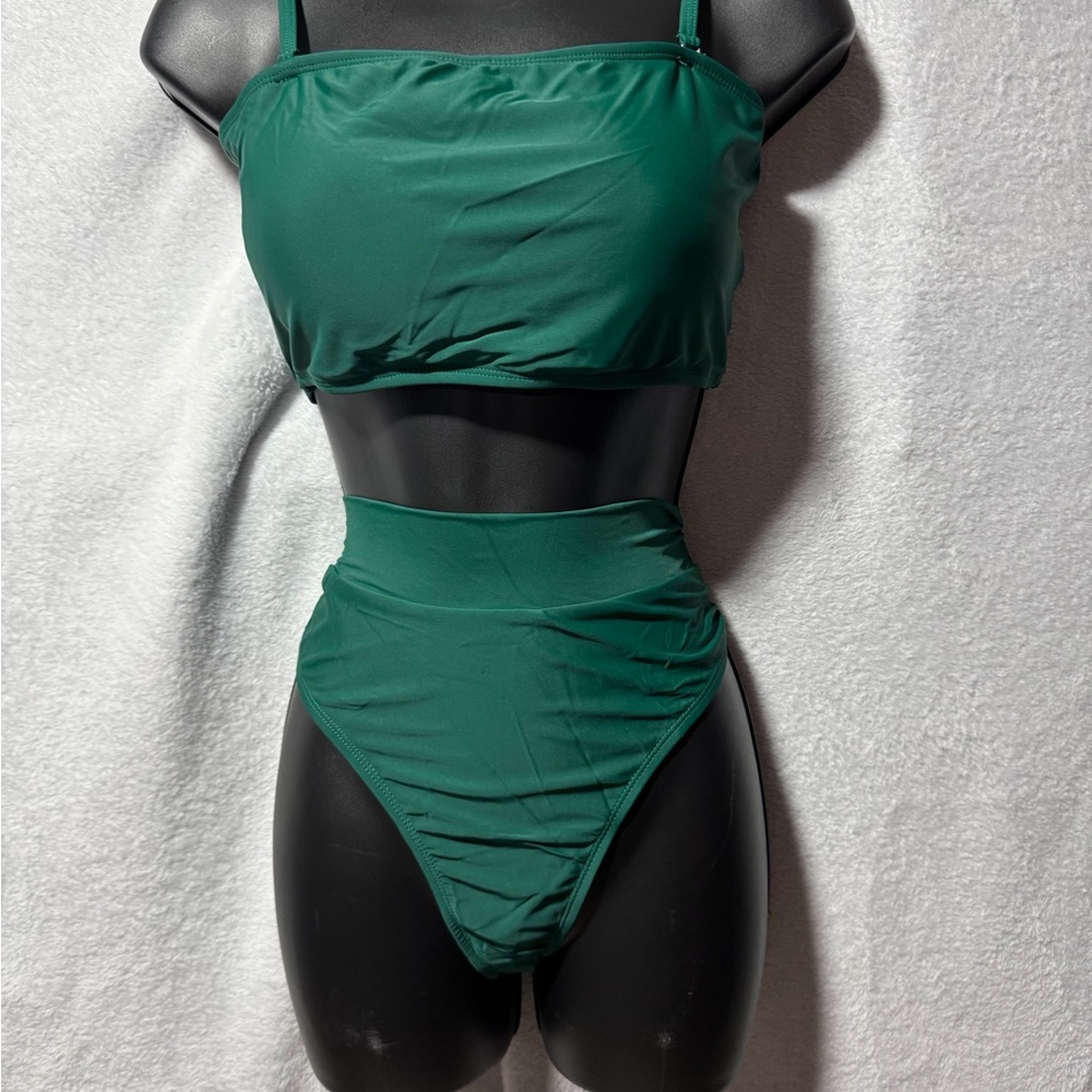 High-Waist Bandeau Bikini Set in Forest Green